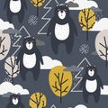 Colorful seamless pattern, bears, trees and clouds. Decorative background with animals