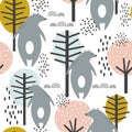 Colorful seamless pattern, bears and trees. Decorative cute background with animals, forest