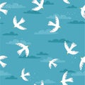 Colorful seamless pattern, birds and clouds. Decorative cute background with funny gulls