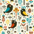 Colorful seamless pattern with birds and flowers. Royalty Free Stock Photo