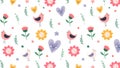 Colorful seamless pattern of birds, hearts and flowers on a white background, hand drawn Royalty Free Stock Photo