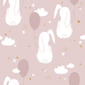 Colorful seamless pattern with bunnies, stars, air balloons, clouds. Decorative cute background, funny animals, sky Royalty Free Stock Photo