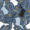 Colorful seamless pattern with bunnies, stars. Decorative cute background with animals, night sky. Rabbits