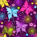 Colorful seamless pattern with butterflies, flowers and hearts Royalty Free Stock Photo