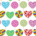 Colorful seamless pattern, candy lollipops, spiral candy cane. Candy on stick with twisted design on white background. Vector Royalty Free Stock Photo