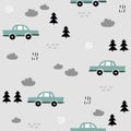 Colorful seamless pattern with cars, fir trees. Decorative background with funny automobiles. Transport
