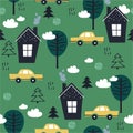 Colorful seamless pattern, cars, houses, fir trees, trees. Decorative cute background, automobiles and forest