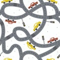 Colorful seamless pattern with cars, roads. Decorative background with funny transport. Automobile