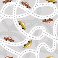 Colorful seamless pattern with cars, roads. Decorative background with funny transport. Automobile