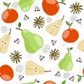 Colorful seamless pattern with cartoon fruits, leaves, flowers, decor elements, dots. fruit theme. vector. hand drawing. Royalty Free Stock Photo