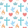 Colorful seamless pattern with Christian symbols. Bible, church and religious elements. Royalty Free Stock Photo