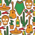 Colorful seamless pattern with collection of mexican symbols