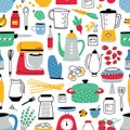 Colorful seamless pattern with cooking tools on white background. Backdrop with kitchen utensils for homemade meals Royalty Free Stock Photo