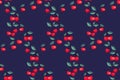 Colorful seamless pattern with creative cute cherry on a dark blue background. Royalty Free Stock Photo