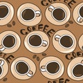 Colorful seamless pattern with cups of coffee, coffee beans. Decorative background with beverages Royalty Free Stock Photo