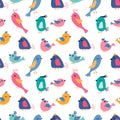 Colorful seamless pattern with cute birds in cartoon style. Bright colors on white background. Vector isolated Royalty Free Stock Photo