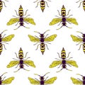 Colorful seamless pattern with cute bright wasps, isolated on white. Summer decorative stylish texture with cartoon