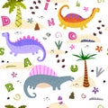 Colorful seamless pattern with cute cartoon dinosaurs, decorative elements. vector. theme for children.