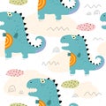 Colorful seamless pattern with cute cartoon dinosaurs, decorative elements. vector. theme for children.