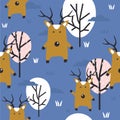 Colorful seamless pattern with cute deers, trees, clouds