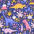 Colorful seamless pattern with cute dinosaurs, palms, and cactuses. Baby dinos in eggshell. Bright fabric background in