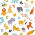 Colorful seamless pattern with cute funny animals and English letters Royalty Free Stock Photo