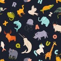 Colorful seamless pattern with cute funny animals and English letters Royalty Free Stock Photo
