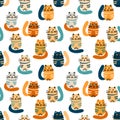 Colorful seamless pattern with cute hand drawn cats