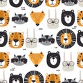 Colorful seamless pattern, cute muzzles of animals. Lions, rabbits, tigers, bears, raccoons, foxes
