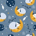 Colorful seamless pattern with cute sheeps, moon, stars