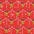 Colorful seamless pattern with deers, candy canes, snow. Decorative cute background with animals. Happy New Year Royalty Free Stock Photo