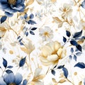 Colorful seamless pattern design of flowers, branches and buds in vintage painting style. Gold and blue color palette. Generative