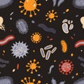 Colorful seamless pattern with different microscopic organisms on black background - microbes, germs, disease causing Royalty Free Stock Photo