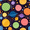 Colorful seamless pattern with different planets and stars in space. Print for fabric. Vector illustration