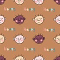 Colorful seamless pattern with doodle baby faces and text HAPPY. Cute background for textile, stationery, wrapping paper, covers. Royalty Free Stock Photo