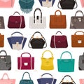 Colorful seamless pattern with elegant women`s bags or handbags of various types on white background. Backdrop with