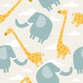 Colorful seamless pattern with elephants, giraffes. Decorative cute background with animals, sky