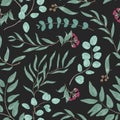 Colorful seamless pattern with eucalyptus branches and blooming flowers. Realistic natural background with green plant