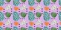 Abstract colorful seamless pattern with irregular spots and dots on lilac background, playful modern design Royalty Free Stock Photo