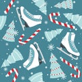 Colorful seamless pattern with figure skates, fir trees, candy canes, snow. Decorative cute background. Happy New Year