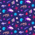 Colorful seamless pattern with fish, crab, shells, starfish. Cartoon underwater creatures vector illustration, cute sea animals Royalty Free Stock Photo