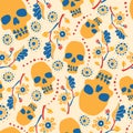 Colorful seamless pattern with flowers and skulls. Beige background. Royalty Free Stock Photo