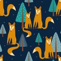 Colorful seamless pattern, foxes and fir-trees. Decorative cute background with animals, forest