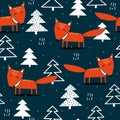 Colorful seamless pattern, foxes and fir trees. Decorative cute background with animals, forest