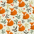 Colorful seamless pattern with foxes, leaves, berries. Decorative cute background with animals Royalty Free Stock Photo