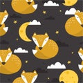 Colorful seamless pattern with foxes, moon, stars. Decorative cute background with animals, night sky