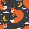 Colorful seamless pattern with foxes, moon, stars. Decorative cute background with animals, night sky