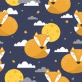 Colorful seamless pattern with foxes, moon, stars. Decorative cute background with animals, night sky