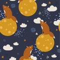 Colorful seamless pattern with foxes, moon, stars. Decorative cute background with funny animals, night sky Royalty Free Stock Photo