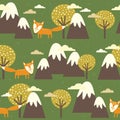 Colorful seamless pattern, foxes, mountains and trees. Decorative cute background with animals, forest